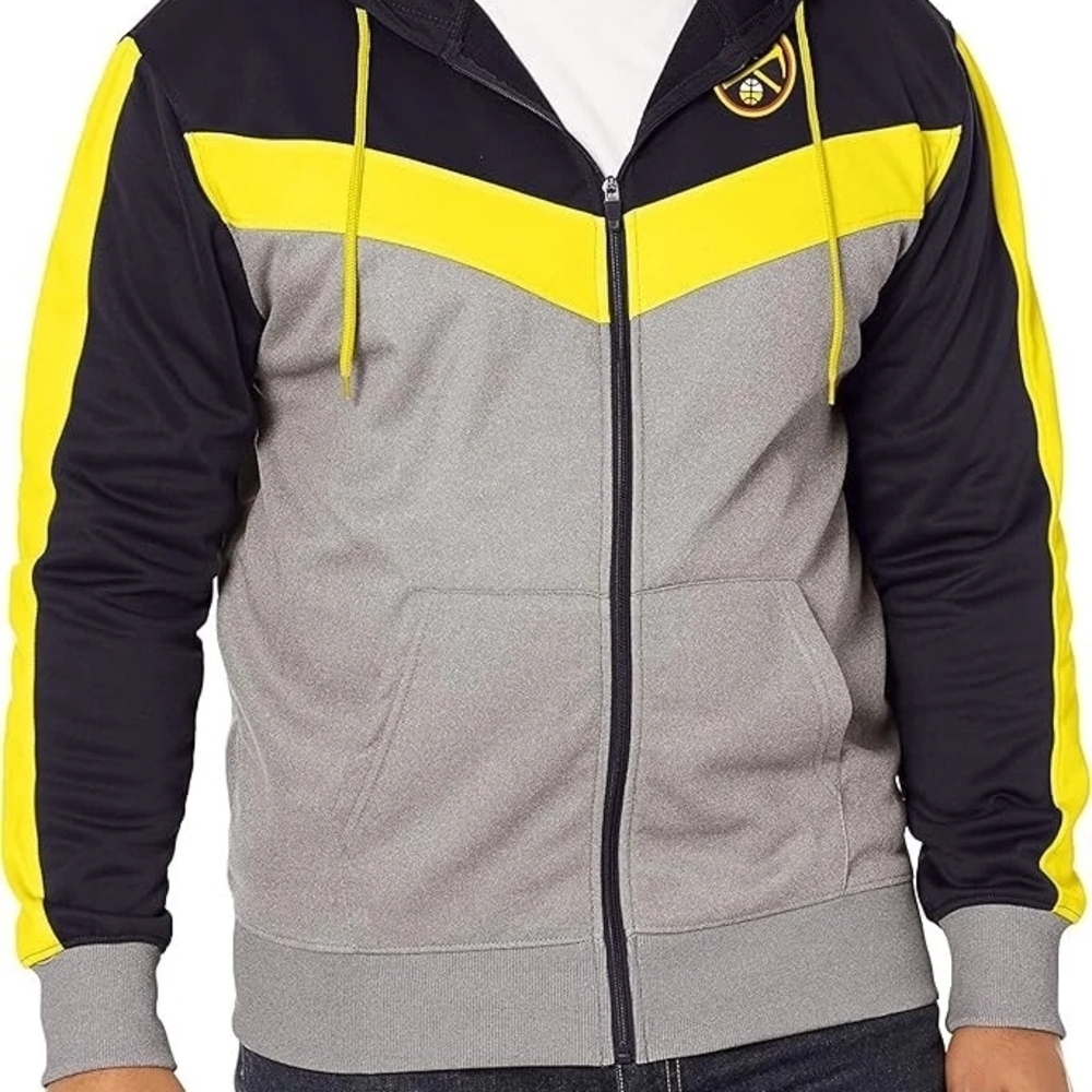 Denver Nuggets Men's MEDIUM Gray Blue & Yellow Zip-Up Hooded Sweatshirt Hoodie